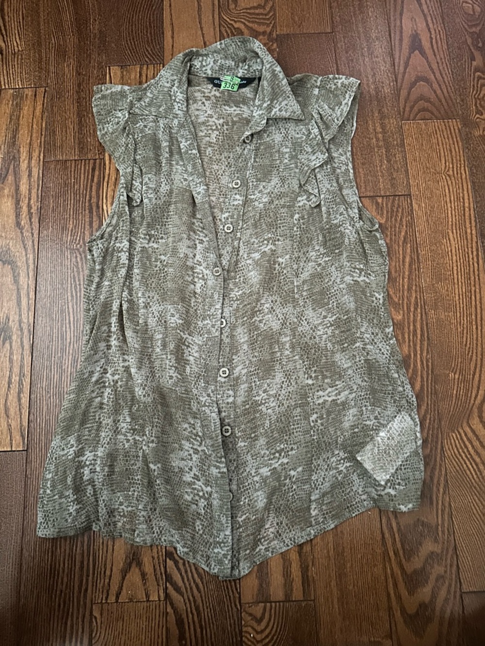 Guess by Marciano Olive and Cream Snake-Print Sleeveless Button-Down